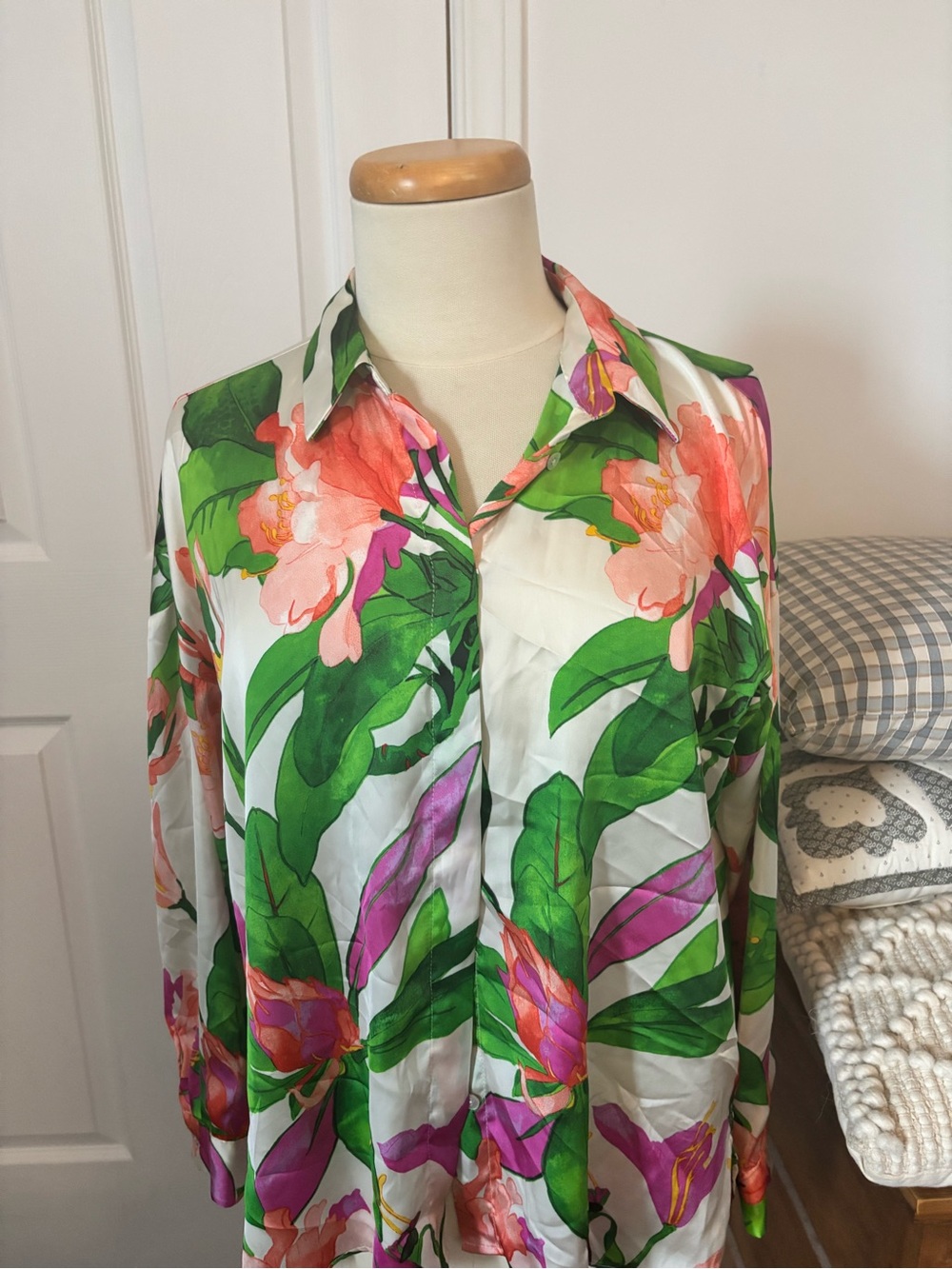 Zara Floral Button-Down Shirt in Green, Pink and Purple